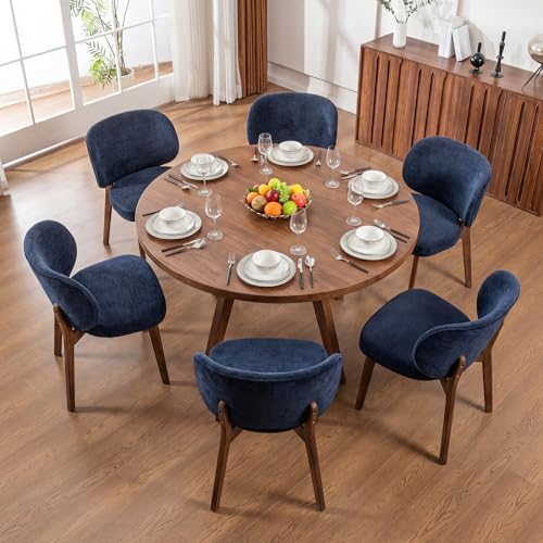 Image of YOUNIKE Dining Chairs Set of 6 Modern Kitchen Dining Room Chairs Navy Blue | Chenille Fabric Upholstered Armless Side Chair with Back Wide Padded Seat with Wooden Leg for Kitchen Dining Living Room