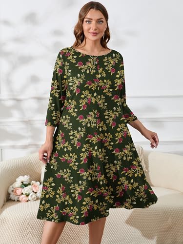 Image of AusLook Women's Plus Midi Dresses Crew Neck A Line 3 /4 Sleeves Casual Elegant Loose Wedding Vacation Dress with Pockets
