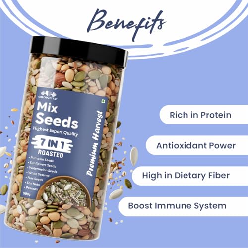 Image of Growfitz 7-in-1 Super Seed Mix | Pack of 2 (500g Each)| 24.4g High Protein & Fiber | Roasted Pumpkin, Sunflower, Flax, Chia, Soy Nuts & Sesame | Healthy Snack |