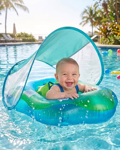 Hingue Bouée Bébé avec Auvent Amovible UPF 50+, Flotteur Ajustable pour Bébé, Bouée Piscine Gonflable avec Siège de Sécurité, Protection Solaire,...