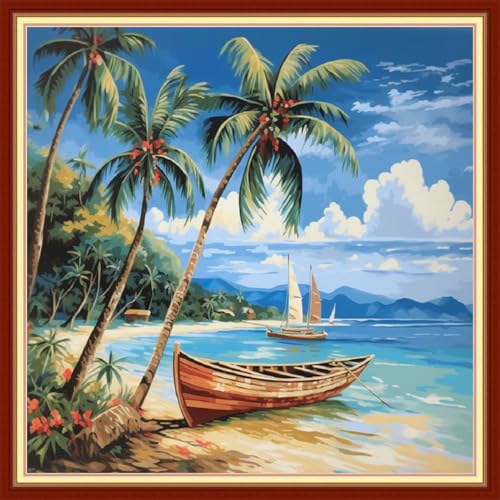 Image of Joyhoor Stamped Cross Stitch Kits for Beginners Needlepoint Kits for Adults Embroidery Kits 11CT Counted Cross Stitch Kits Printed Embroidery Pattern-Seaside Boat 18x18 inchs