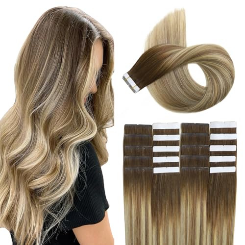 XDhair Tape Extensions Echthaar 35cm 50g 20 Stück Invisible Tape in Extensions Echthaar Remy Echthaar Extensions Tape #3/8/22 Braun bis Ash Braun und Goldblond