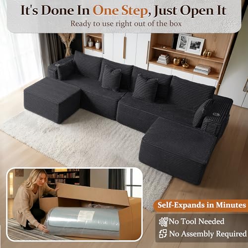 Image of 138 inch Cloud Sectional Couch, Comfort U Shaped Sofa for Living Room, Extra Deep Seats No Assembly, Minimalist Modular Couch, Corduroy (Black, 6 Seats,U-Shape A)