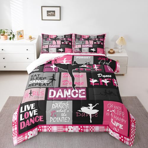 Manfei Dance Comforter Set Full Size, Ballet Dance Theme Quilt Set with 2 Pillowcases, Ballet Princess Dancer Bedding Set 3pcs for Kids Girls Bedroom Decor, Abstract Art Duvet Insert