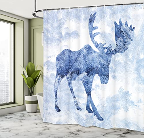 ABAKUHAUS Moose Shower Curtain, Pattern Pine Needles Spruce Tree Antlers Deer Family Snow Winter Horns - Image 4