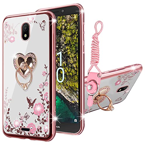 KuDiNi for Nokia C100 Case for Women Glitter Crystal Soft TPU Bling Cute Butterfly Heart Floral Clear Protective Cover with Kickstand+Strap(Rose Gold)