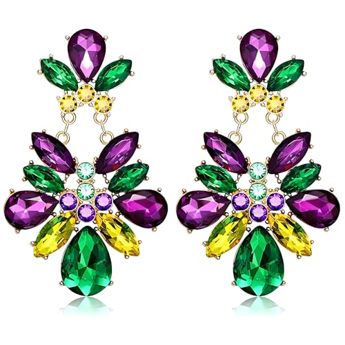 Boucles d'Oreilles Carnaval en Strass Violet Vert Or Pendantes en Papillon Cristal Tendance Cadeau Bijoux pour Femme Filles Fat Tuesday Défilé Soirée Disco...