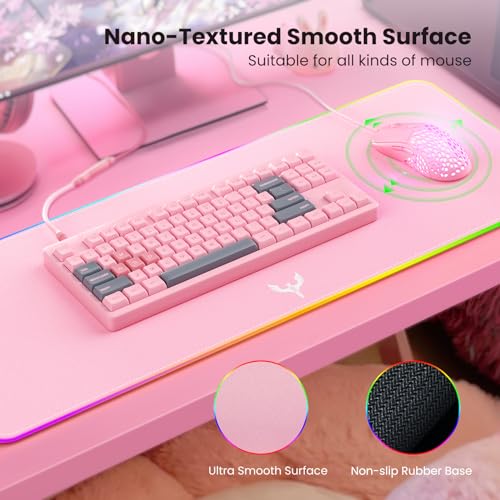 Image of BladeHawks RGB Gaming Mouse Pad Extra Large Extended 31.5x12 Inch-Pink | LED mouse pad with 14 lighting modes, covers keyboard & mouse, anti-slip rubber base, waterproof surface, USB powered