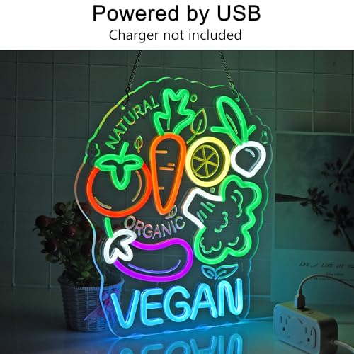 Image of Vegan Neon Sign,USB Powered Dimmable Wall Decor LED Light | Neon Lights Hanging Wall Art Decoration for Business Restaurant Shop Bar Cafe Party Home Decor,Ultra Bright,14.57x12.6inches