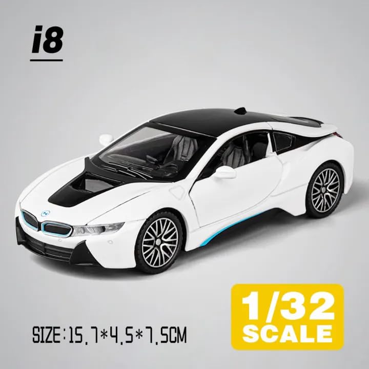 Image of Invite Enterprise 1:32 B -M-W i8 Toy Car Metal Pull Back Diecast Car with Openable Door and Sound Light, Gifts Toys for Kids (White Color)