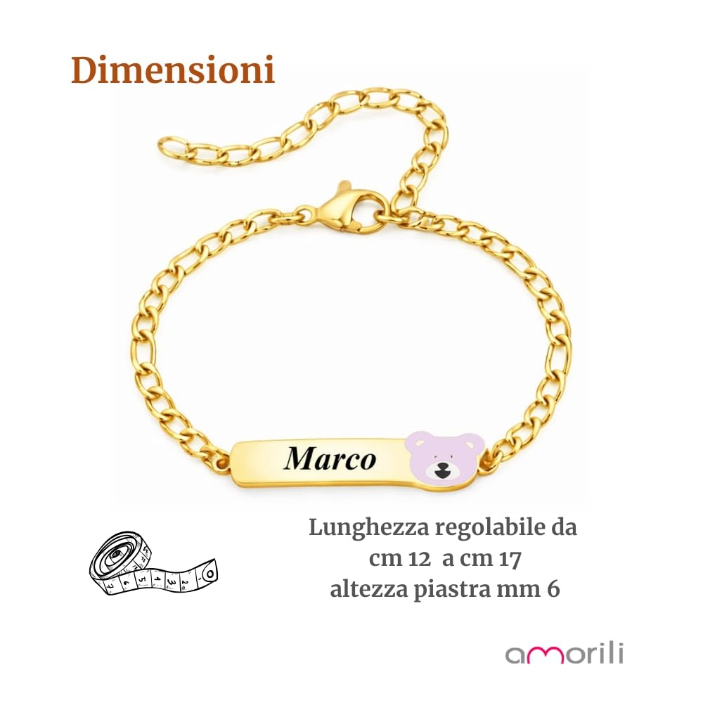 Bracciale Bimbo Bimba Personalizzato Personalizzabile con Incisione Nome in Acciaio Inox Dorato – Ciondolo Orsetto Smaltato – Braccialetto Bambino Bambina Regolabile – Idea Regalo