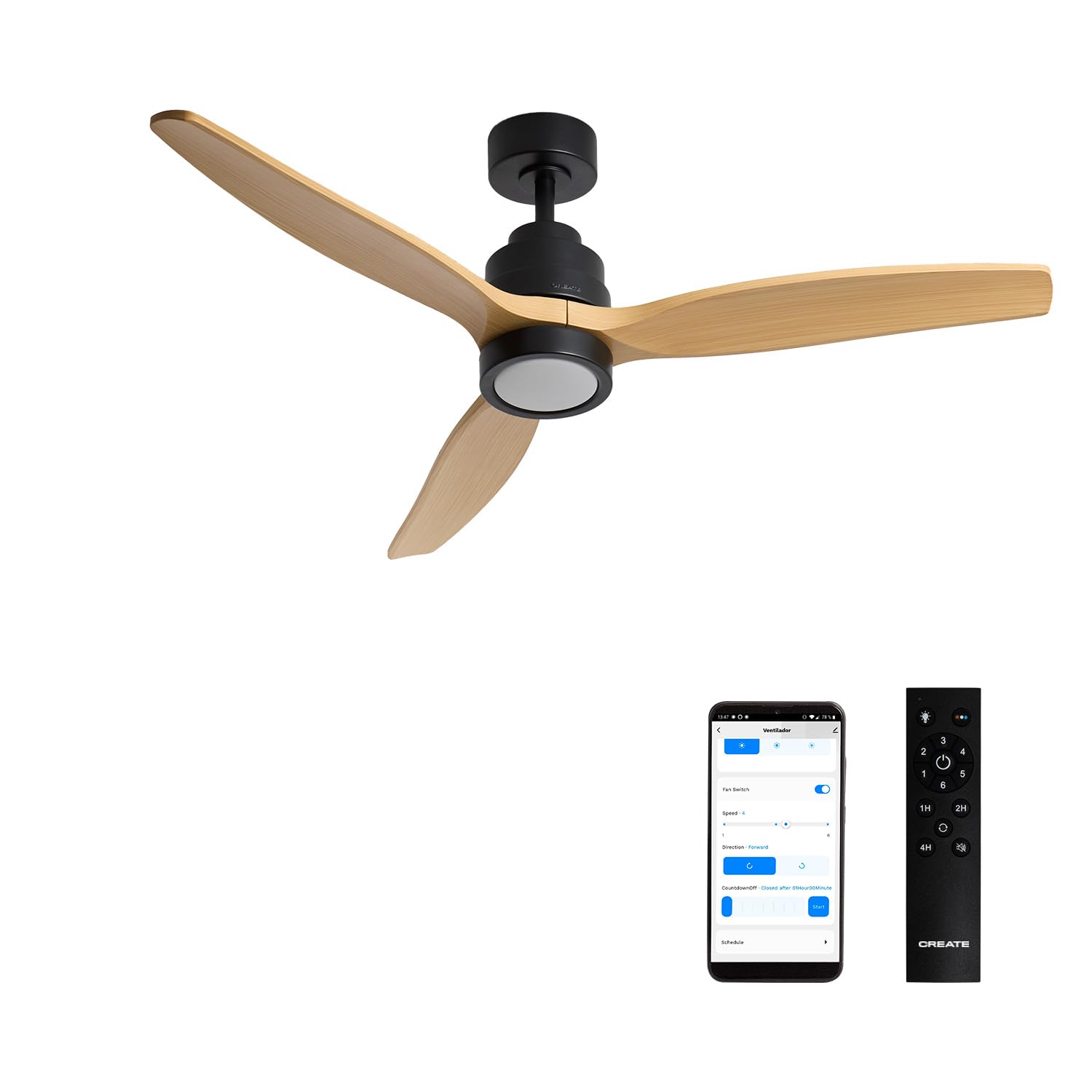 CREATE / WINDSTYLANCE M/Ventilador de techo ABS con luz negro aspas efecto madera natural con Wifi y mando / 40W, Silencioso, Ø132 cm, 6 velocidades, temporizador, verano-invierno, doble altura