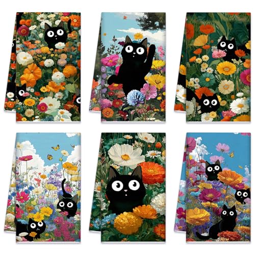 Redbaker Black Cat Kitchen Towels, 6 pcs, Floral Dishcloths