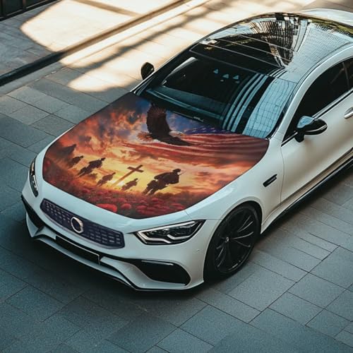Image of Car Hood Cover Protector USA Flag Design Car Hood Wrap Blankets Veterans Day Decorations Automotive Patriotic Decorative Accessories for Compact Sedans SUVs Pickups Trucks