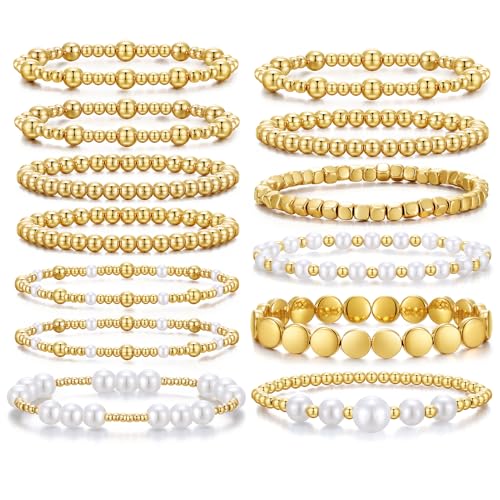 KISS WIFE Gold Bracelets for Women Gold Bracelet Stack Pearl Beaded Bracelets for Women Strand Bead...