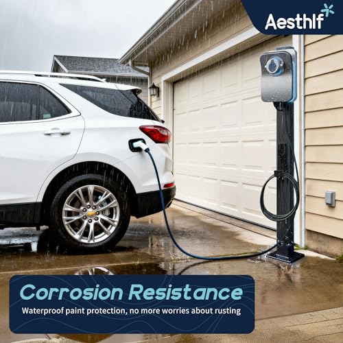 Image of Outdoor EV Charger Pedestal for Tesla & J1772 Charger with Hook | Heavy-Duty Rugged Stand, Anti-wobble Stable Base, Anti-Rust Finish, Handy Organizer Keeps Cable Tidy, Universal Compatibility