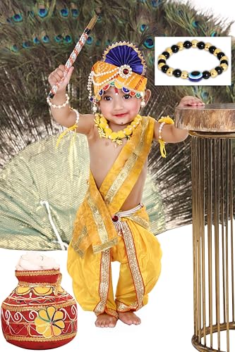 Image of Krishna Dress for Kids, Baby Krishna Dress for Janmashtami with Krishna Mukut, Peacock Feather & Flute Embroidered Krishna Costume for Girl & Boy, 3 Months-8 Years