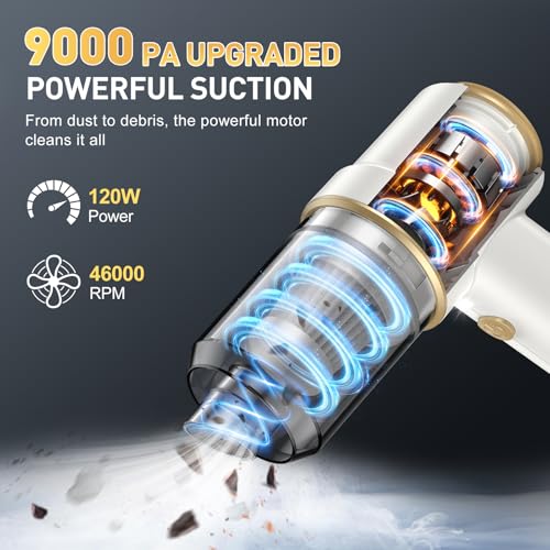 Image of KMM Handheld Car Vacuum Cleaner, 9000PA Vacuum Cleaner & Air Duster, 120W High Power Vacuum Portable Cordless, Hand Held Vacuum Rechargeable with Multi-Nozzles & LED Light for Home, Car, Office