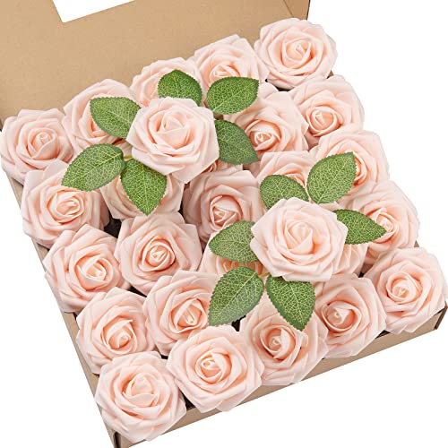 DuHouse 25Pcs Artificial Roses Flowers Fake Rose with Stems Real Touch Foam Flower Head for DIY Wedding Bridal Bouquet Baby Shower Centerpiece Floral Arrangement Party Home Decor(Blush)