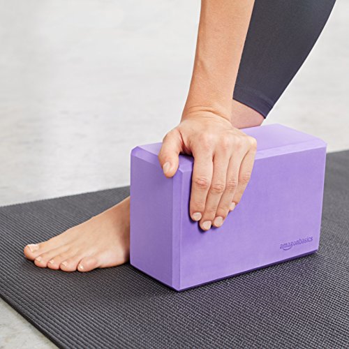 Image of AmazonBasics 13mm Extra Thick Yoga and Exercise Mat with Carrying Strap, Pink&AmazonBasics Foam Yoga Blocks - 4 x 9 x 6 Inches, Set of 2, Purple