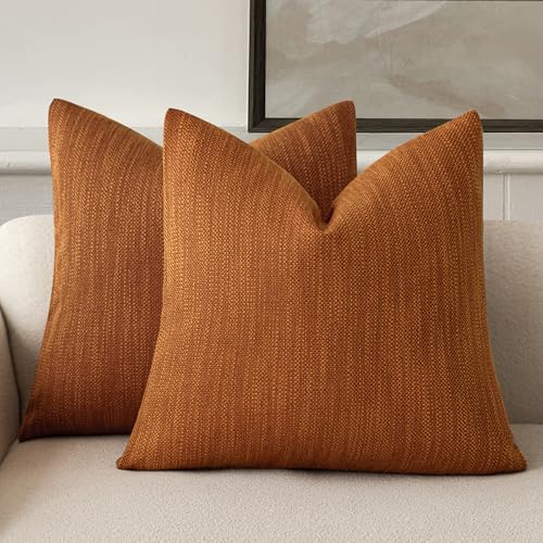 Image of Foindtower Set of 2 Decorative Textured Burlap Linen Throw Pillow Covers Farmhouse Boho Cushion Cover Solid Accent Pillowcase for Couch Sofa Bed Living Room Home Decor,18x18 Inch,Burnt Orange