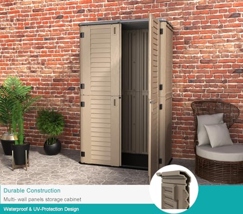Image of KINYING Sheds & Outdoor Storage, 66 cu.ft Vertical Outdoor Storage Cabinet, Resin Storage Sheds Outdoor with Floor for Garden Tools,Patio Furniture,Garbage Cans(Brown Color)