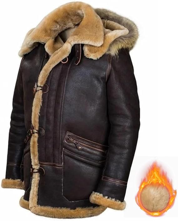 UANGLIJacket Pilot from Sheepskin, Winter Warm Leather Removable Hood Jacket for Men, Men's Winter Coat Outerwear Long (XL)