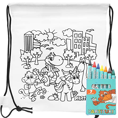 20 Mochilas para Colorear Infantiles y Sets de 7 Ceras de Colores Partituki. Con Certificado