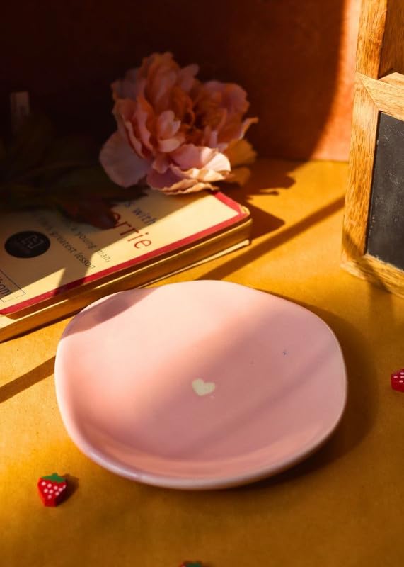 Image of WEAVING HOMES Pink Cupid Handmade Ceramic Dessert Plate, Sweet Plate 16 cm Set of 1, Microwave & Dishwasher Safe Side Plate for Cakes, Pastries, Tea Time & Desserts