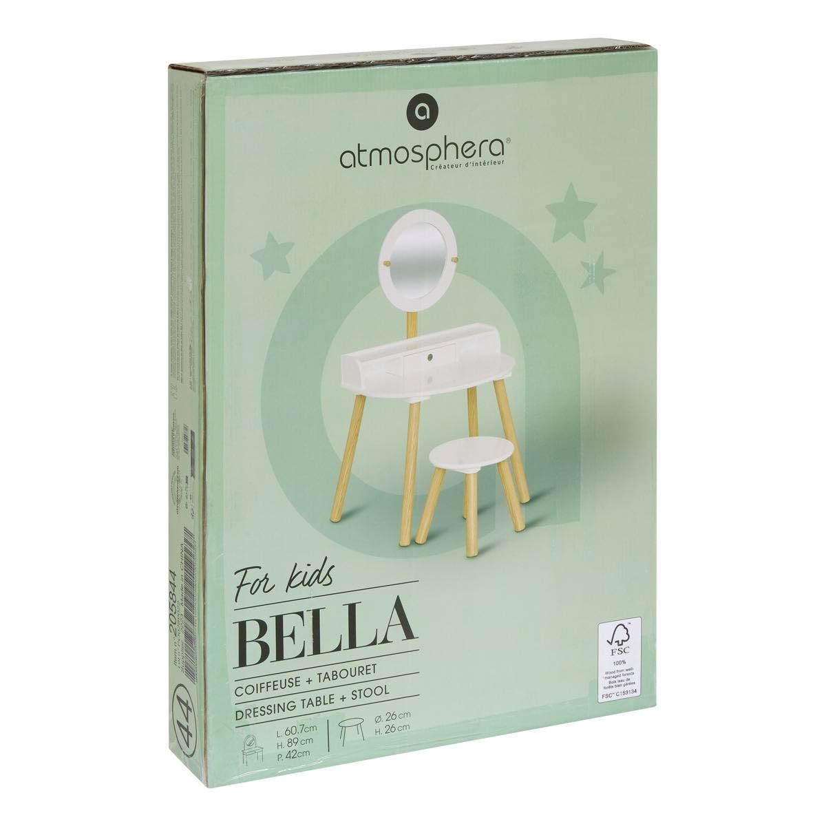 Atmosphera - Coiffeuse Enfant Bella - Blanc et Bois, L 61 x P 42 x H 89 cm, avec Tabouret, Miroir et Tiroir - pour Chambre d'enfant