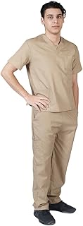 ACTIVE UNIFORMS Men Scrub Set Medical Scrub Top and Pants(Khaki, Medium)