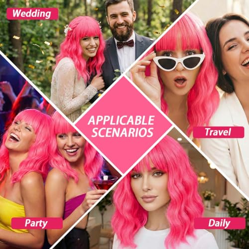 Image of Pastel Hot Pink Wavy Bob Wig for Women, Short Shoulder Length Synthetic Wig with Bangs, Matte Natural Realistic Look Lightweight Hairpiece, Hot Pink Color for Gift & Cosplay Costume