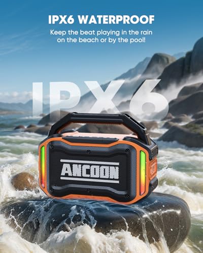 Image of ANCOON Speakers Bluetooth Wireless: 80W(Peak) Loud Speaker with Bass, 20H Playtime, IPX6 Waterproof, Large Jobsite Speakers for Work, Outdoor, Workshop, Garage, Portable Speaker with TWS (Orange)
