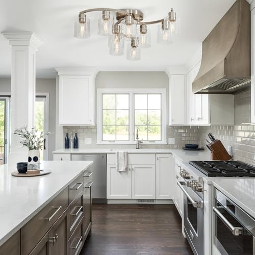 Image of 9-Light Ceiling Light, Semi Flush Mount Ceiling Light Fixture, Kitchen Lighting Fixtures Ceiling, Brushed Nickel Finish with Clear Glass Shade for Living Room Bedroom Dining Room