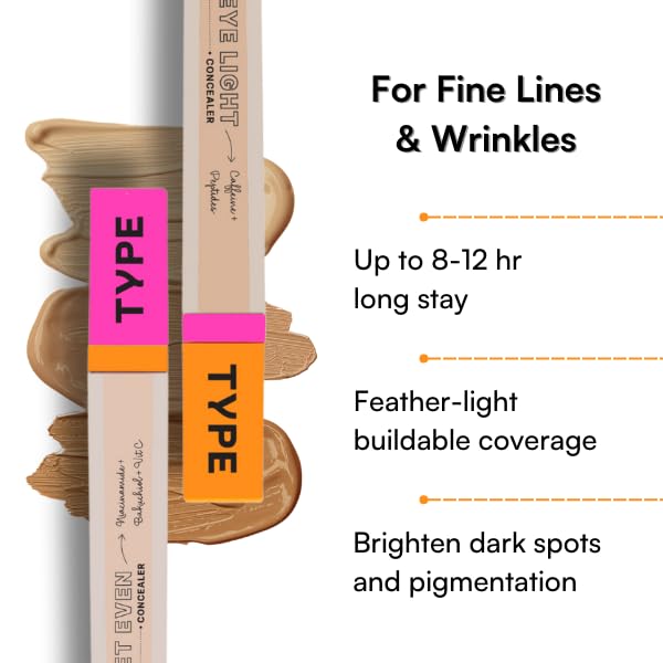 TYPE BEAUTY INC. Eye Light Waterproof Concealer for Face Makeup with Caffeine & Peptides | Reduces Dark Circles, Puffiness & Spots | Crease-Free & Long-Lasting | For Women & Men - Caramel (40) | 8ML 4