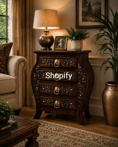 Image of Shopify Wooden Stool-Natural Wood Antique Look Side Table with 4 Drawer for Living Room