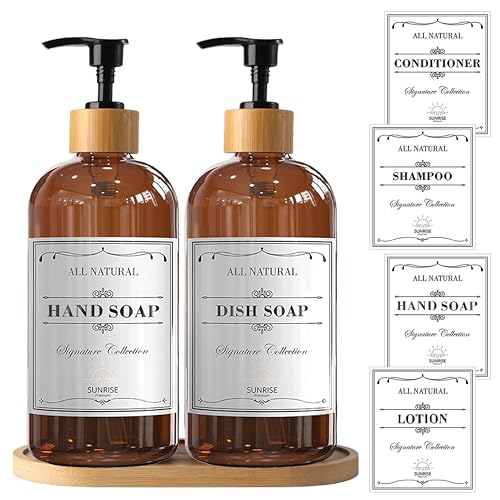 Image of Sunrise Premium 16 OZ Thick Amber Glass Soap Dispenser, Bamboo Pump with Tray 2 Pack, Hand and Dish Soap Dispenser Set for Bathroom with 6 Waterproof Labels