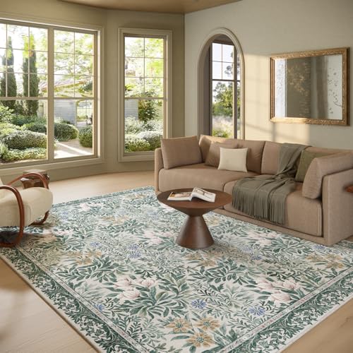 Image of Botanical Floral Area Rug 8x10 Light Green Cream Vintage Garden Design, Perfect for Living Room, Bedroom, Kids Room, Nursery - Stain & Water Resistant Non-Slip, Pet & Child Friendly Area Rugs