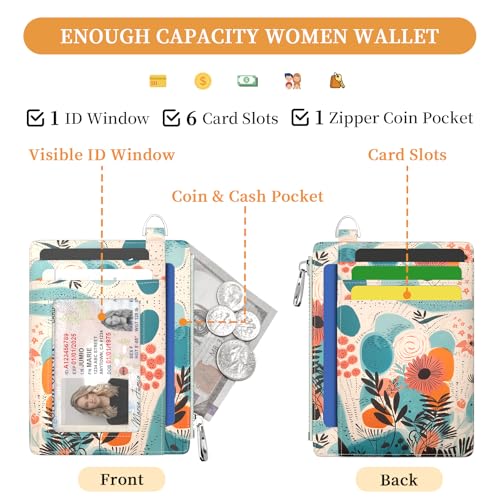 Image of Hancynir Slim Wallet Women Credit Card Holder Abstract Flower Floral RFID Small Mini Card Case Front Pocket PU Leather Thin Travel Zipper Coin Cash ID Window Ladies Female Wallet Gifts