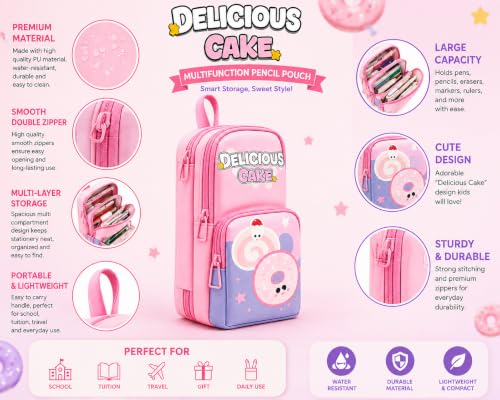 Image of Alokik Cute Pink 3 Compartment Pencil Pouch for Girls, Large Capacity Stationery Organizer with Zipper, Multi Pocket Pouch for Kids, Students & Office UseCute Food Theme Design (Delicious Cake Pouch)
