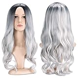 ANOTHERME Another Me Black Gray Wigs 27.5" Long Curly Hair Wig 2 Tone Silver Grey Ombre Party Cosplay Wig