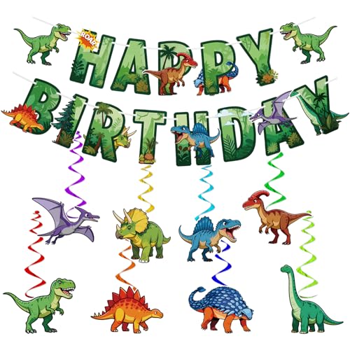 Dinosaur Birthday Party Decorations Set - Includes Pre-assembled Happy Birthday Banner Dinosaur Hanging Swirl Party Supplies for Home School