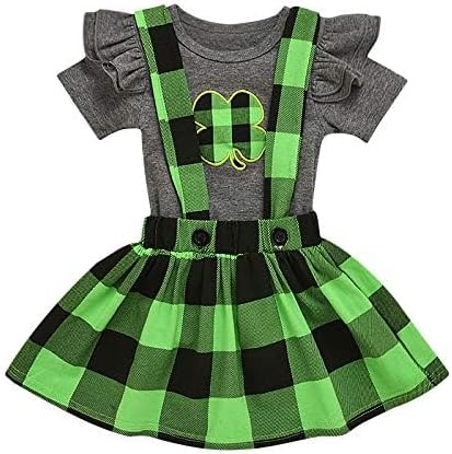 Baby Girls St.Patrick's Day Outfits Shamrock Clover Print Ruffle Short Sleeve Romper +Green Plaid Suspender Skirt Set - Image 2