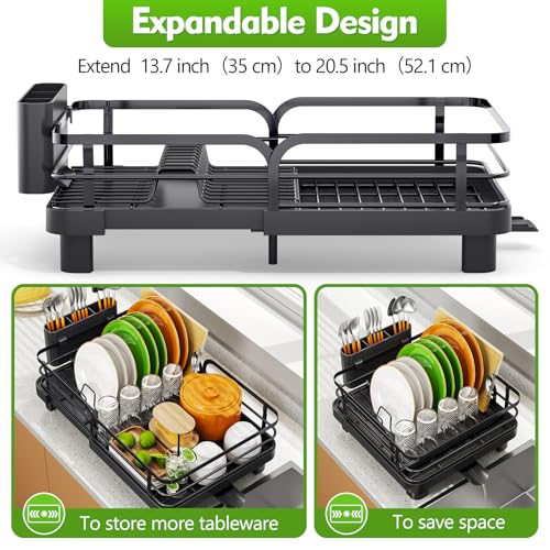 Image of TOOLF Expandable Dish Drying Rack for Kitchen Counter, Black | Stainless Steel Dish Drainer with Drainboard Set & Cutlery Holder, Extendable 13.7 inch-20.5 inchL, Rust-Proof, Fits for 1-3 People