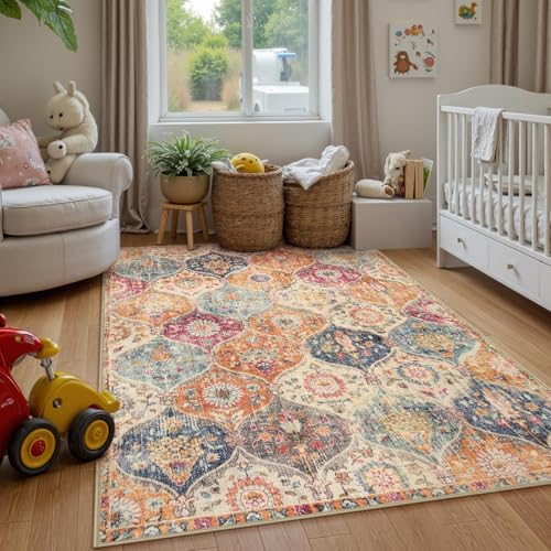 SKY-TOUCH Moroccan Retro Washable Area Rug 100x160cm Soft Rug for Bedroom Kitchen Office Entryway Bathroom Non-Slip Oriental Accent Throw Carpet Cream/Multi Color
