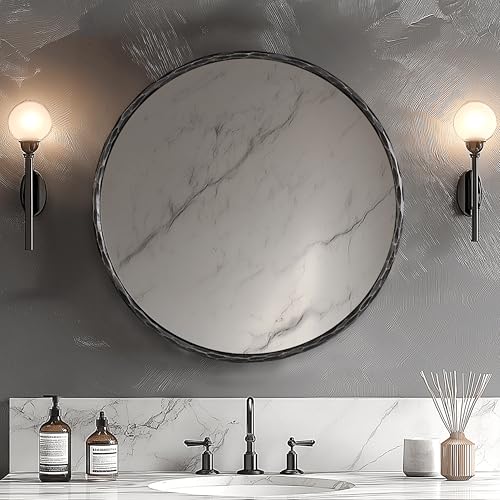 Image of ANDY STAR Hand-Forged Round Mirror for Wall, 24 Inch Black Solid Steel Antique Rounded Bathroom Mirror, Vintage Hammered Metal Frame Circle Mirror for Wall Decor, Vanity, Bedroom, Entryway