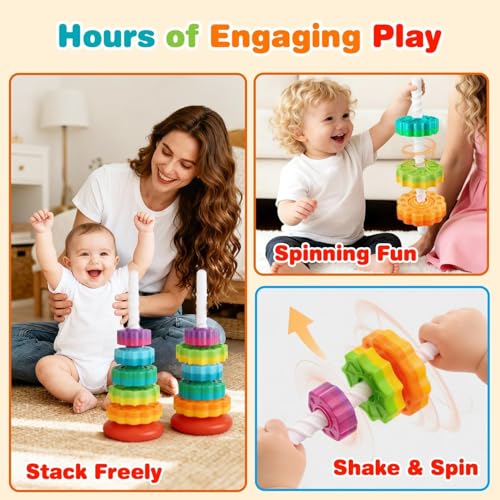 Image of PLUSPOINT Baby Spinning Stacking Toys for Toddlers 1-3, Rainbow Ring Stacker Montessori Toys for Babies 6-12 Months, Sensory Learning Stacking Toy Gift for Boys Girls