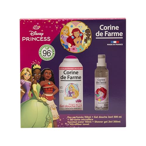 Corine de Farme - Coffret Princesses : Eau Parfumée 150ml Coco + Gel Douche 2en1 300ml Fraise + Serviette Microfibre Enfant 3+ Ans - Ingrédients Naturels -...