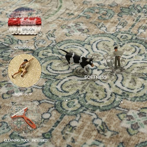 Washable Rugs 8x10 Area Rugs for Living Room,Rugs for Bedroom,Large Carpets,Ultra Soft Faux Wool Retro Dining Room Rug,Non Slip&Non-Shedding Low Pile Vintage Print Rug for Home Office,Green