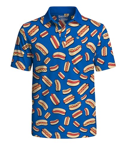 Tipsy Elves Men's Golf Polo Shirt - Moisture Wicking, Stretch Fabric, Athletic Fit - Blue Hot Dog Performance Polo - Large